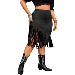 Women's Black Plus Size Elastic Waist Fringe Trim Western Cowgirl Midi Skirt